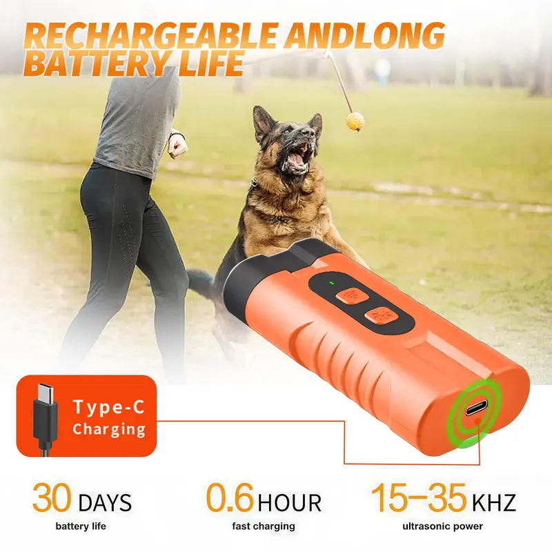 Rechargeable Ultrasonic Dog Bark Deterrent with 30Ft Range and LED Flashlight - Safe, No Shock Training Tool for Small to Large Dogs