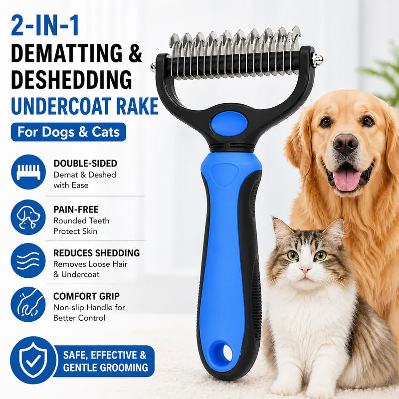 Professional Dematting Undercoat Rake for Long-Haired Dogs and Cats, Double-Sided Grooming Comb for Loose Fur and Light Tangles, Essential Coat Care Tool, Results May Vary by Coat Type