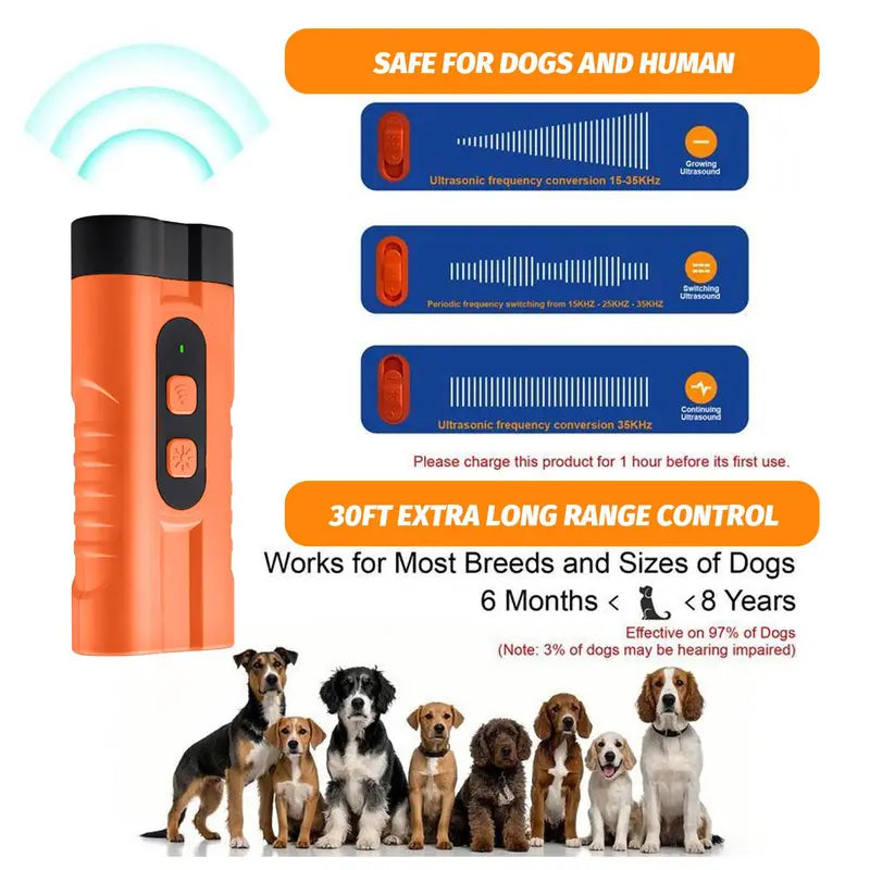 Rechargeable Ultrasonic Dog Bark Deterrent with 30Ft Range and LED Flashlight - Safe, No Shock Training Tool for Small to Large Dogs